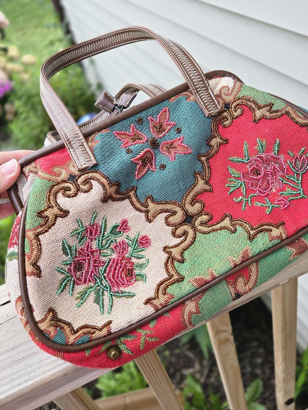 Vintage Floral Rose Clasp Tapestry Beaded Embellished Purse Shoulder Bag Satchel